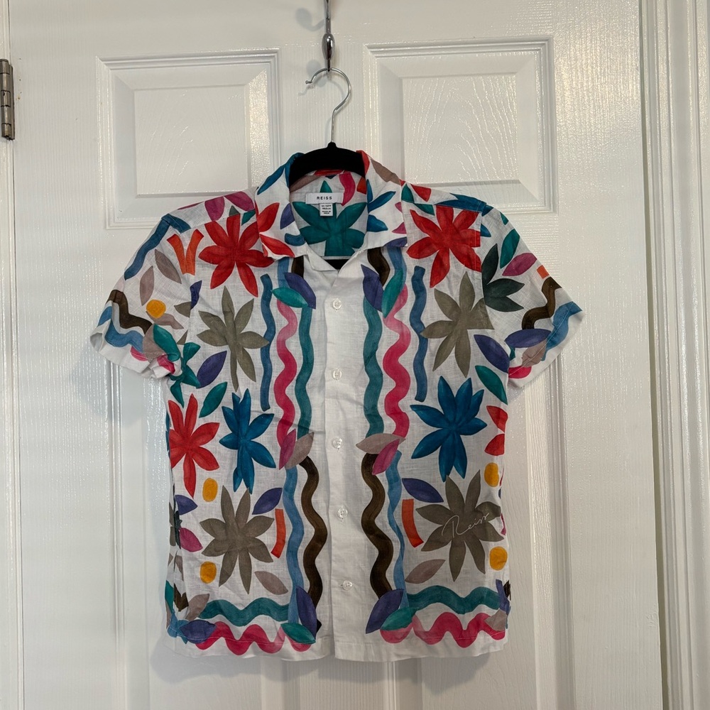 Reiss Junior Linen Floral Cuban Collar Shirt in Multi